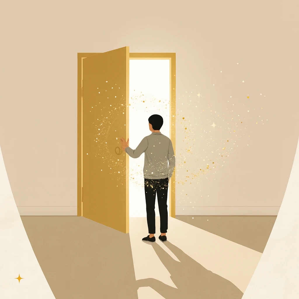 Imagen puerta de entrada al curso. Hombre abriendo una puerta de donde brota magia.